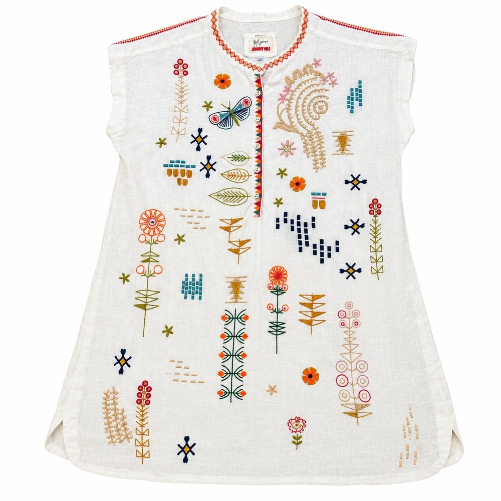Biya Johnny Was Womens L Embroidered Linen Tunic Top Boho Butterfly White Large